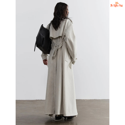 Women Beige Casual Trench Coat Big Size Long Lapel Windbreaker 2026 Spring Autumn with slim fit, lapel collar, pockets, and single-breasted design.