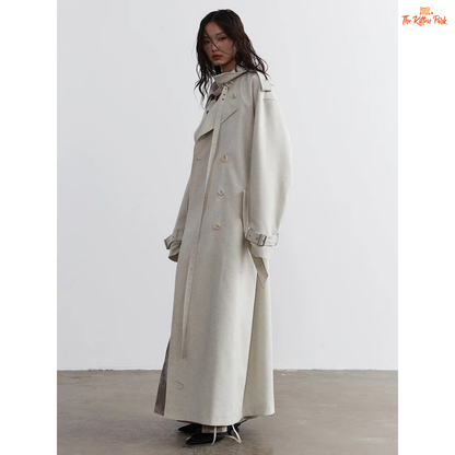 Women Beige Casual Trench Coat Big Size Long Lapel Windbreaker 2026 Spring Autumn with slim fit, lapel collar, pockets, and single-breasted design.