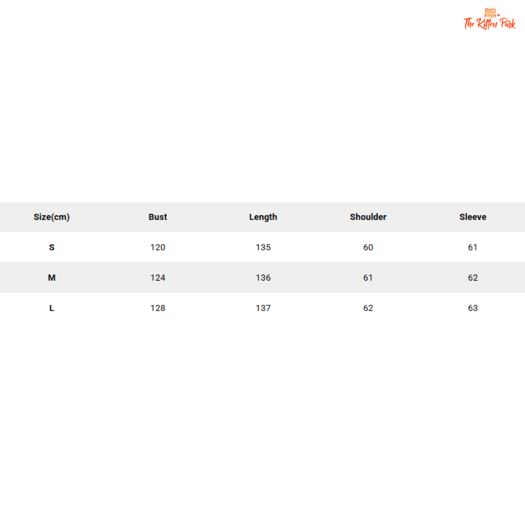 Size chart for clothing with measurements in centimeters