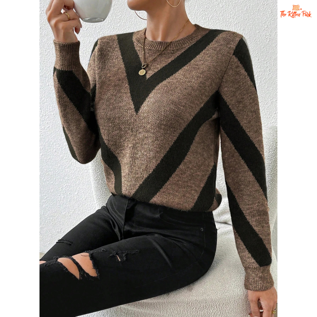 Women Geometric Pattern Knit Sweater Round Neck Autumn Winter, heavyweight acrylic, regular fit, O-neck, full-length regular sleeves.