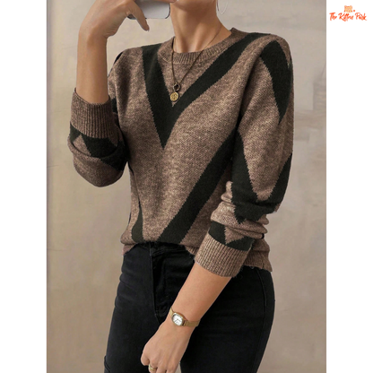 Women Geometric Pattern Knit Sweater Round Neck Autumn Winter, heavyweight acrylic, regular fit, O-neck, full-length regular sleeves.