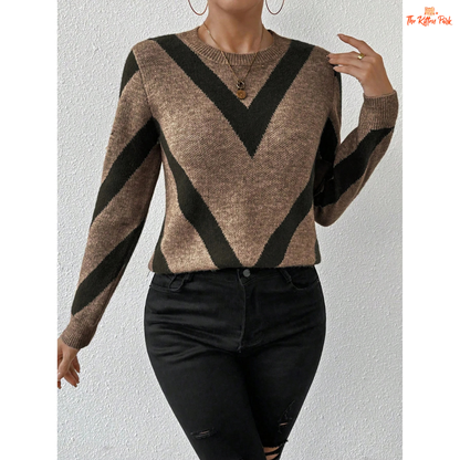 Women Geometric Pattern Knit Sweater Round Neck Autumn Winter, heavyweight acrylic, regular fit, O-neck, full-length regular sleeves.