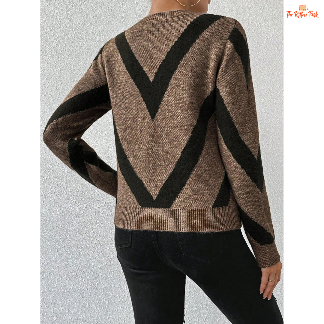 Women Geometric Pattern Knit Sweater Round Neck Autumn Winter, heavyweight acrylic, regular fit, O-neck, full-length regular sleeves.