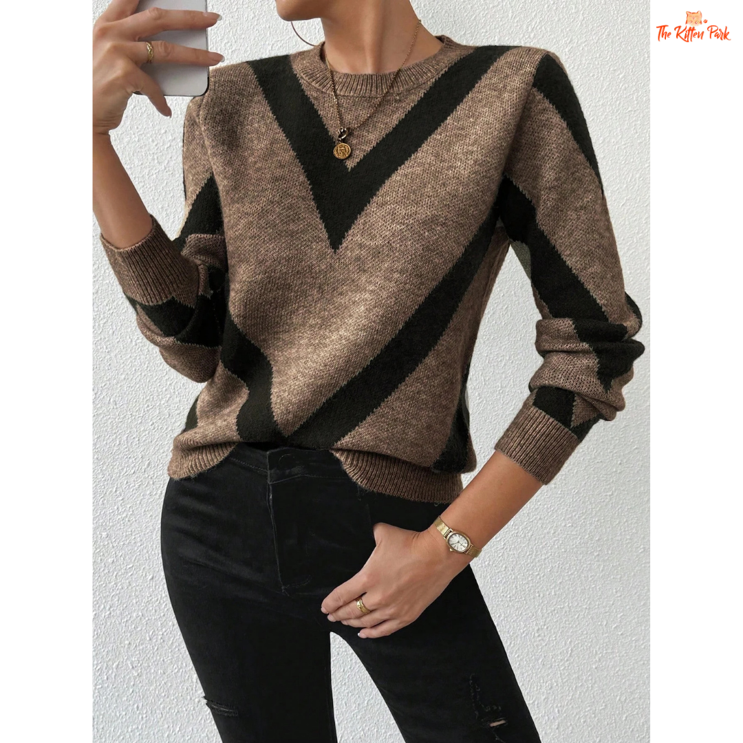 Women Geometric Pattern Knit Sweater Round Neck Autumn Winter, heavyweight acrylic, regular fit, O-neck, full-length regular sleeves.