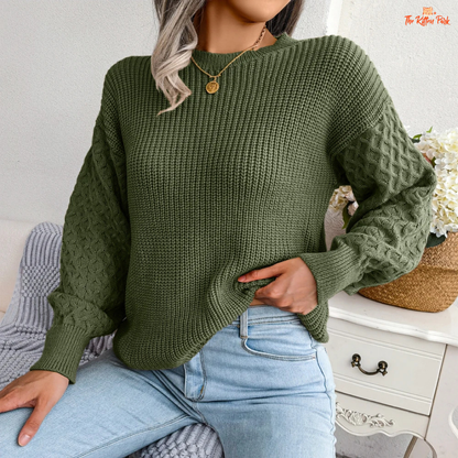 Women Lantern Sleeve Knit Pullover Sweater Autumn Winter made of heavyweight acrylic, with loose fit, O-neck, and full-length lantern sleeves.