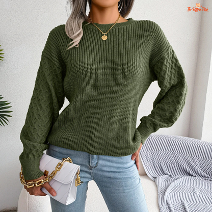 Women Lantern Sleeve Knit Pullover Sweater Autumn Winter made of heavyweight acrylic, with loose fit, O-neck, and full-length lantern sleeves.