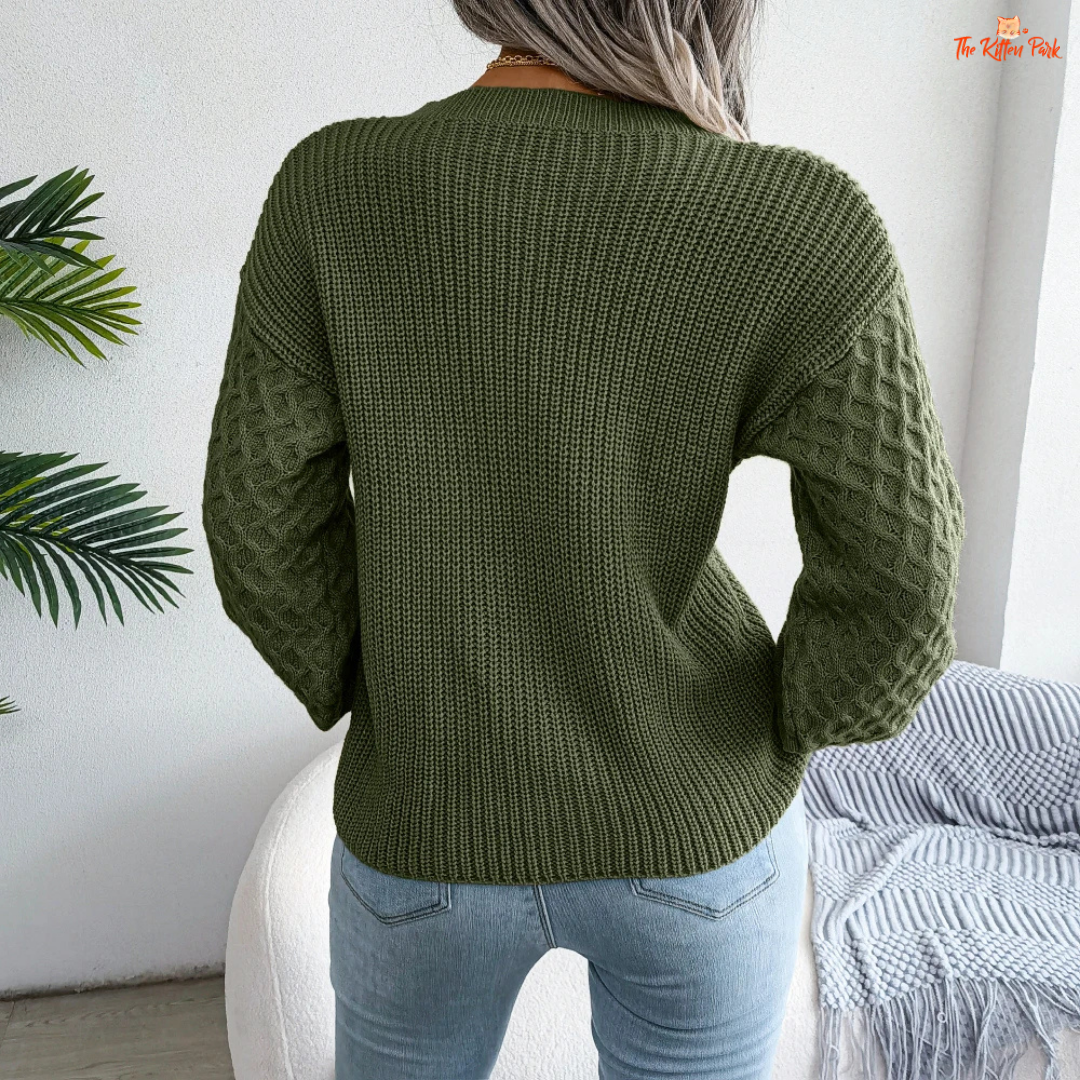 Women Lantern Sleeve Knit Pullover Sweater Autumn Winter made of heavyweight acrylic, with loose fit, O-neck, and full-length lantern sleeves.