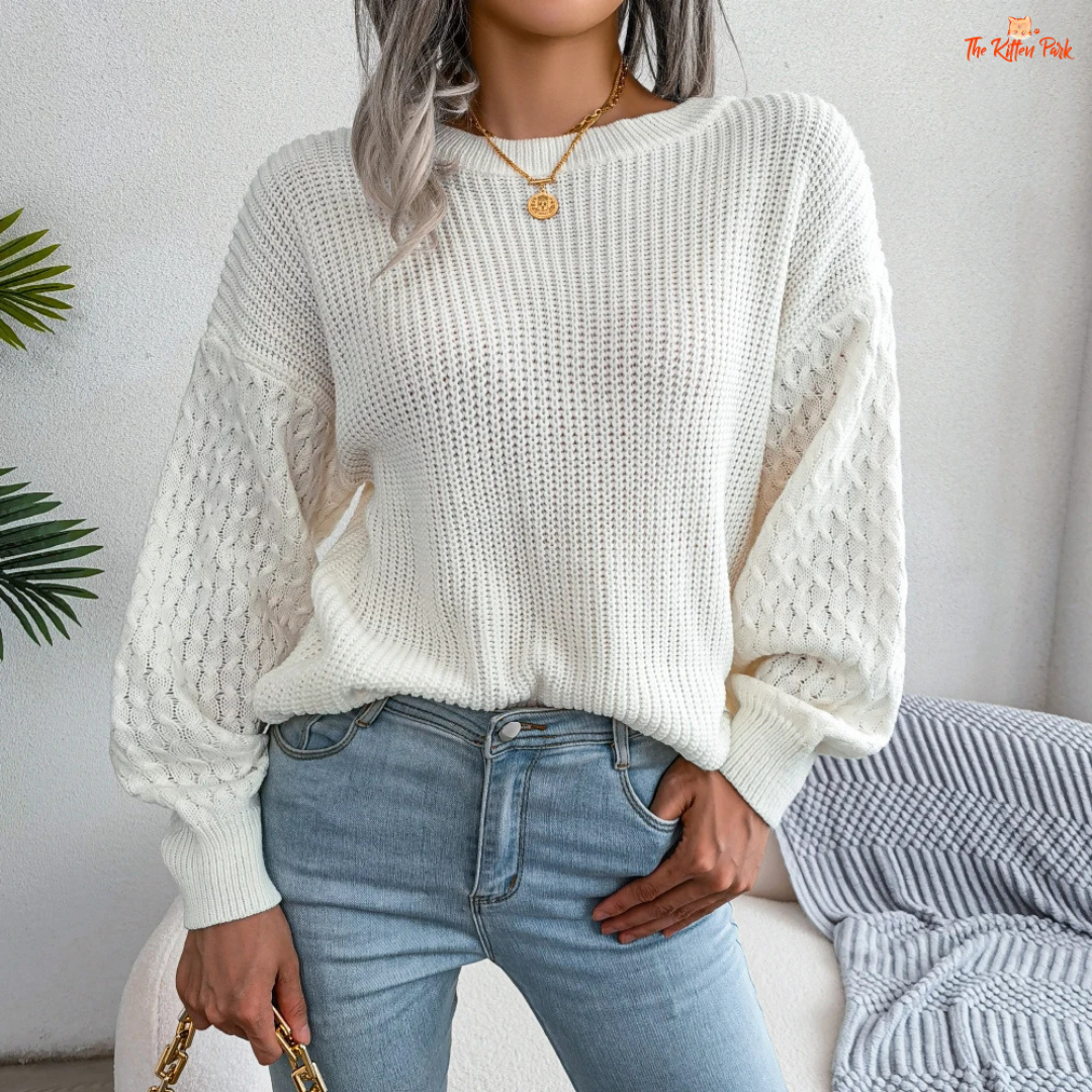 Women Lantern Sleeve Knit Pullover Sweater Autumn Winter made of heavyweight acrylic, with loose fit, O-neck, and full-length lantern sleeves.