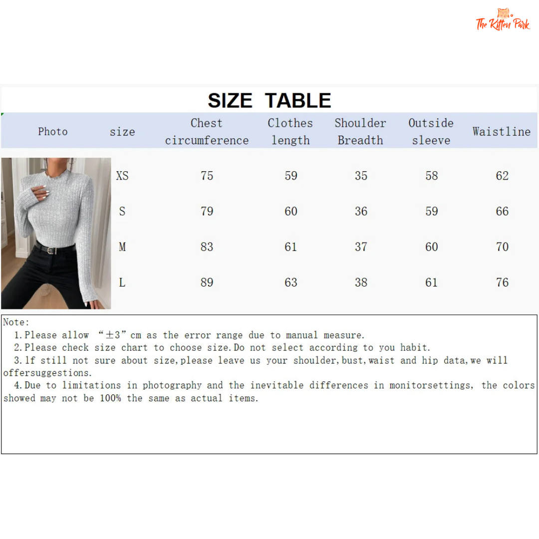 Size chart for a sweater with measurements in centimeters