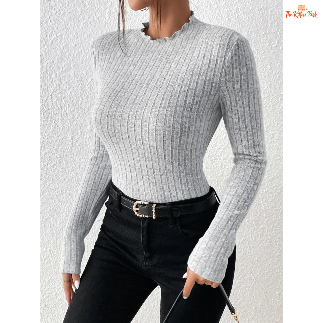 Women Slim Ruffle Neck Knit Top – Lace Collar Striped Sweater with ruffle neckline, lace collar, bright line detail, regular fit, full sleeves