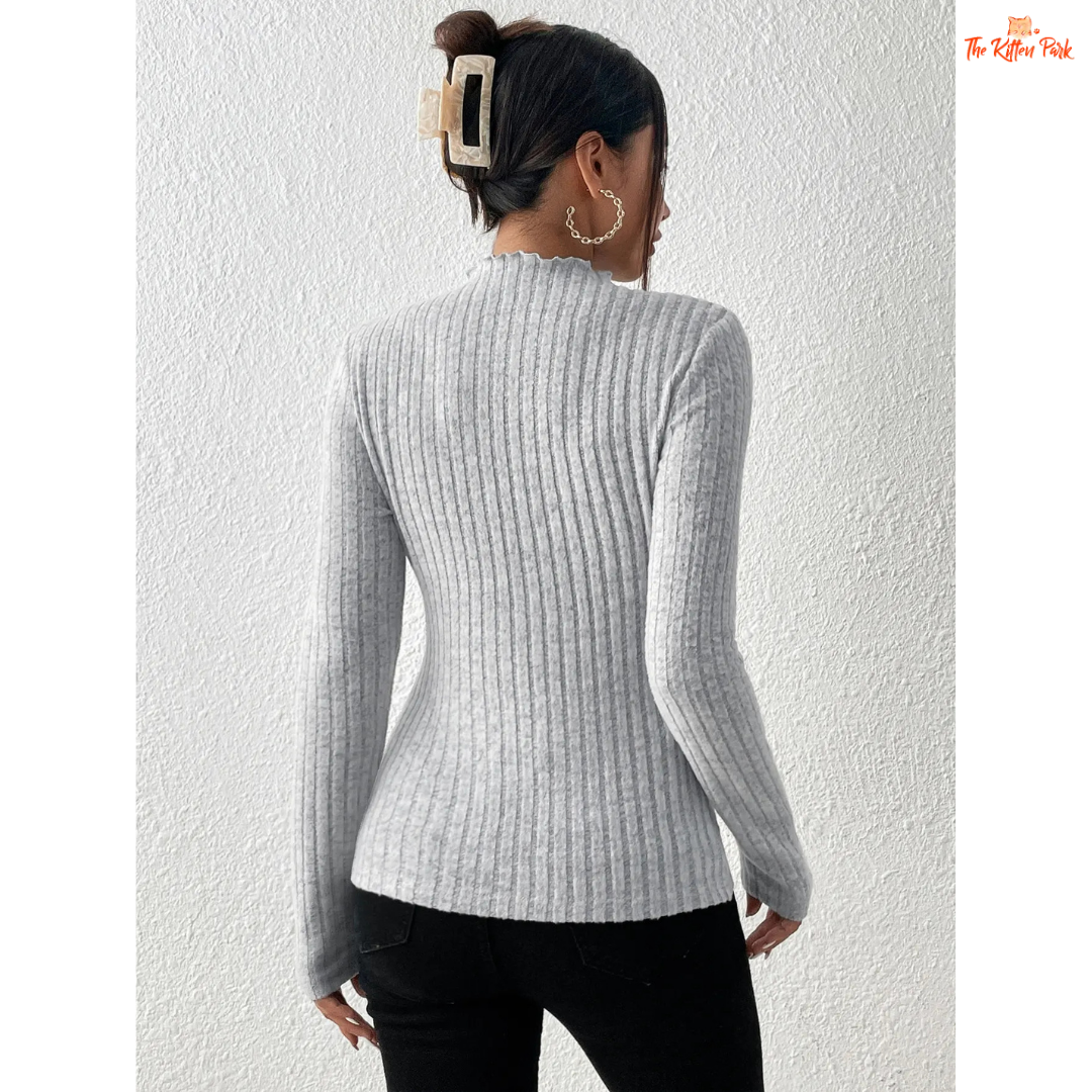 Women Slim Ruffle Neck Knit Top – Lace Collar Striped Sweater with ruffle neckline, lace collar, bright line detail, regular fit, full sleeves