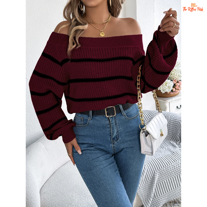 Women Striped Off Shoulder Sweater Lantern Sleeve Autumn Winter, acrylic knit, striped pattern, off-shoulder slash neck, full-length lantern sleeves.