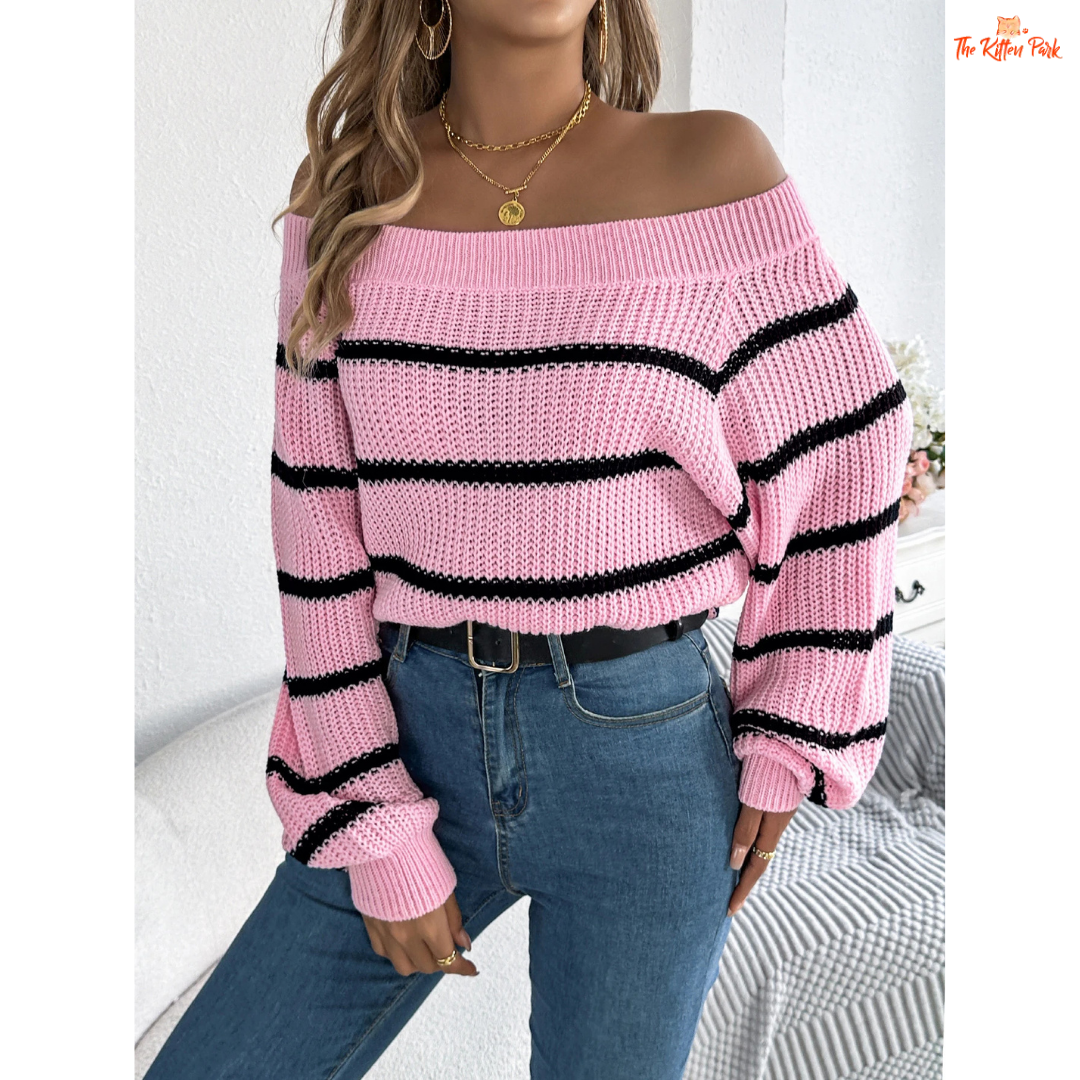 Women Striped Off Shoulder Sweater Lantern Sleeve Autumn Winter, acrylic knit, striped pattern, off-shoulder slash neck, full-length lantern sleeves.