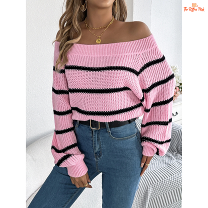 Women Striped Off Shoulder Sweater Lantern Sleeve Autumn Winter, acrylic knit, striped pattern, off-shoulder slash neck, full-length lantern sleeves.