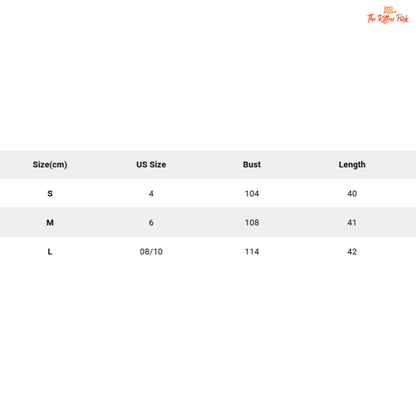 Size chart for clothing with US size, bust, and length measurements.