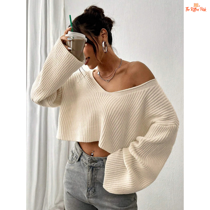 Women V-Neck Solid Color Knit Sweater Loose Textured Top, beige acrylic knit, short length, crochet detail, loose fit with high stretch, autumn/winter wear.
