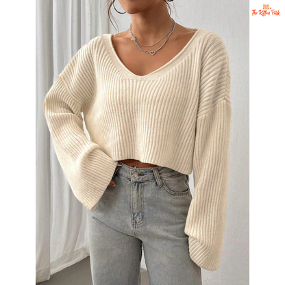 Women V-Neck Solid Color Knit Sweater Loose Textured Top, beige acrylic knit, short length, crochet detail, loose fit with high stretch, autumn/winter wear.
