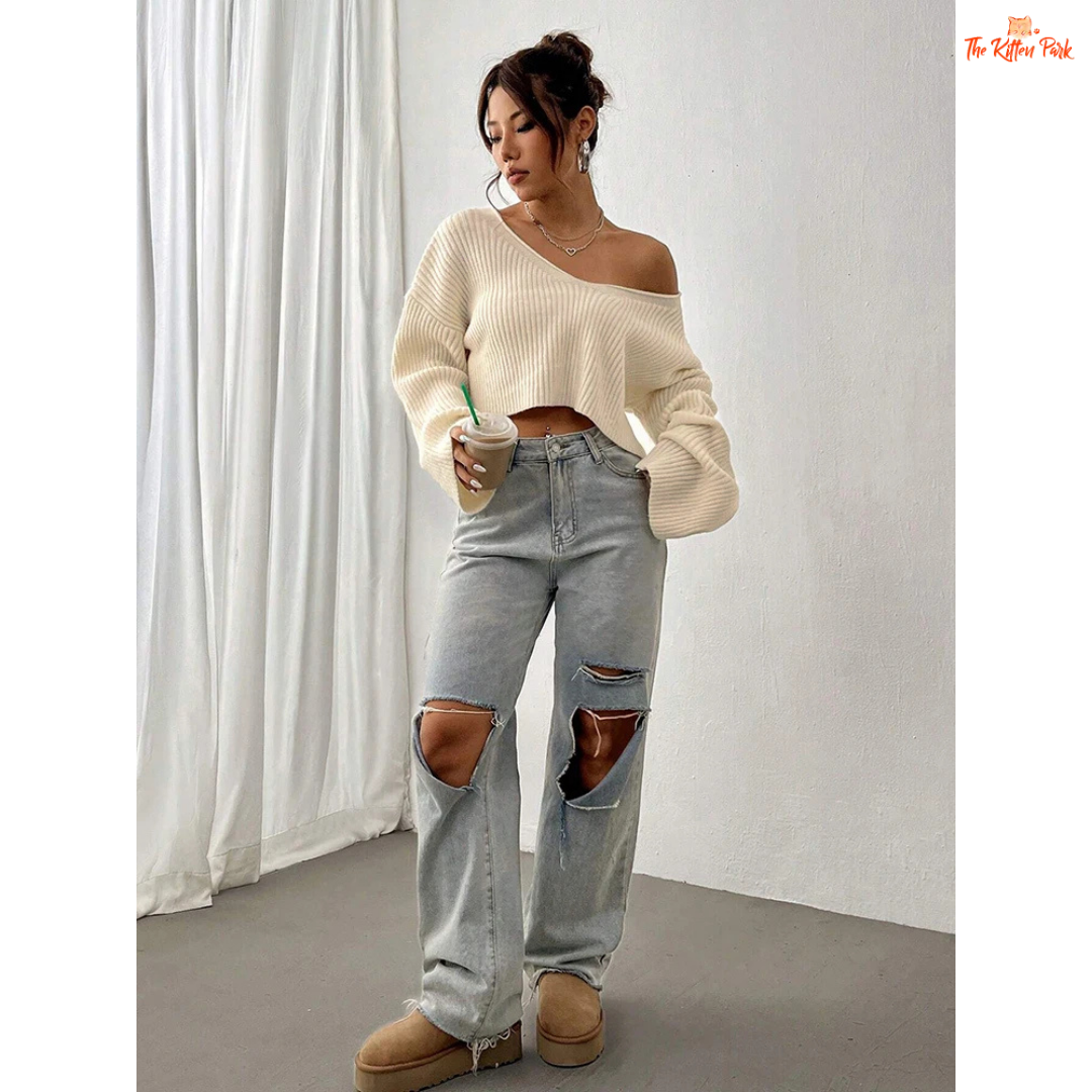 Women V-Neck Solid Color Knit Sweater Loose Textured Top, beige acrylic knit, short length, crochet detail, loose fit with high stretch, autumn/winter wear.