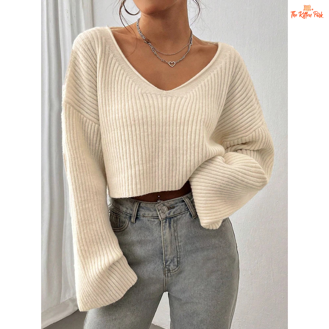 Women V-Neck Solid Color Knit Sweater Loose Textured Top, beige acrylic knit, short length, crochet detail, loose fit with high stretch, autumn/winter wear.