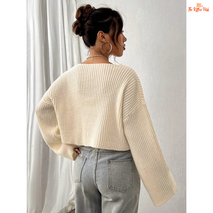 Women V-Neck Solid Color Knit Sweater Loose Textured Top, beige acrylic knit, short length, crochet detail, loose fit with high stretch, autumn/winter wear.