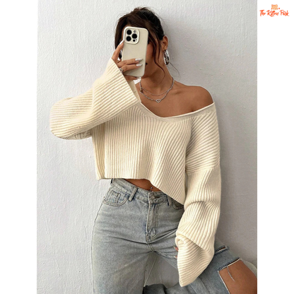 Women V-Neck Solid Color Knit Sweater Loose Textured Top, beige acrylic knit, short length, crochet detail, loose fit with high stretch, autumn/winter wear.
