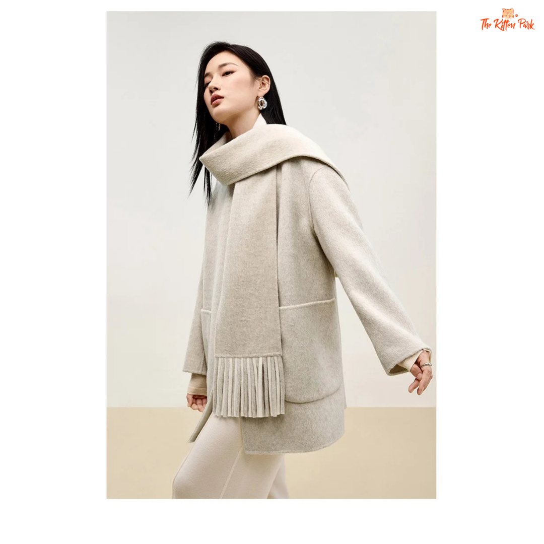 Women’s 100% wool double-sided winter coat in light pistachio and off-white tones, featuring an O-neck, single-breasted closure, pockets, and scarf detail.