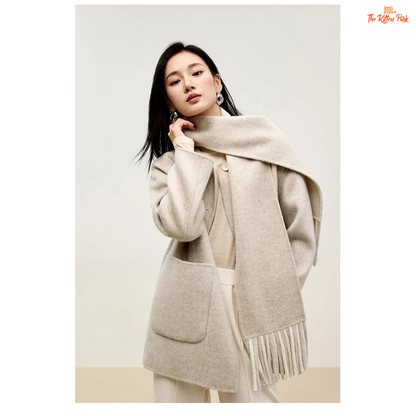 Women’s 100% wool double-sided winter coat in light pistachio and off-white tones, featuring an O-neck, single-breasted closure, pockets, and scarf detail.