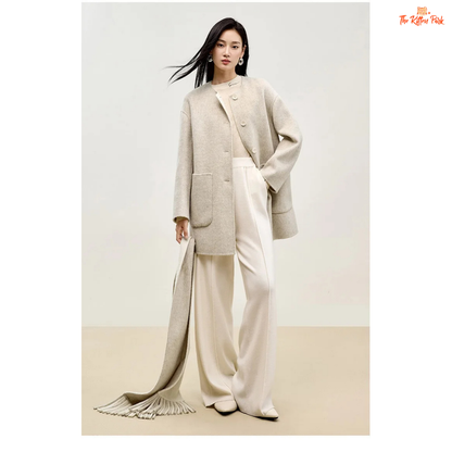 Women’s 100% wool double-sided winter coat in light pistachio and off-white tones, featuring an O-neck, single-breasted closure, pockets, and scarf detail.