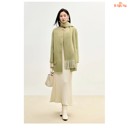 Women’s 100% wool double-sided winter coat in light pistachio and off-white tones, featuring an O-neck, single-breasted closure, pockets, and scarf detail.