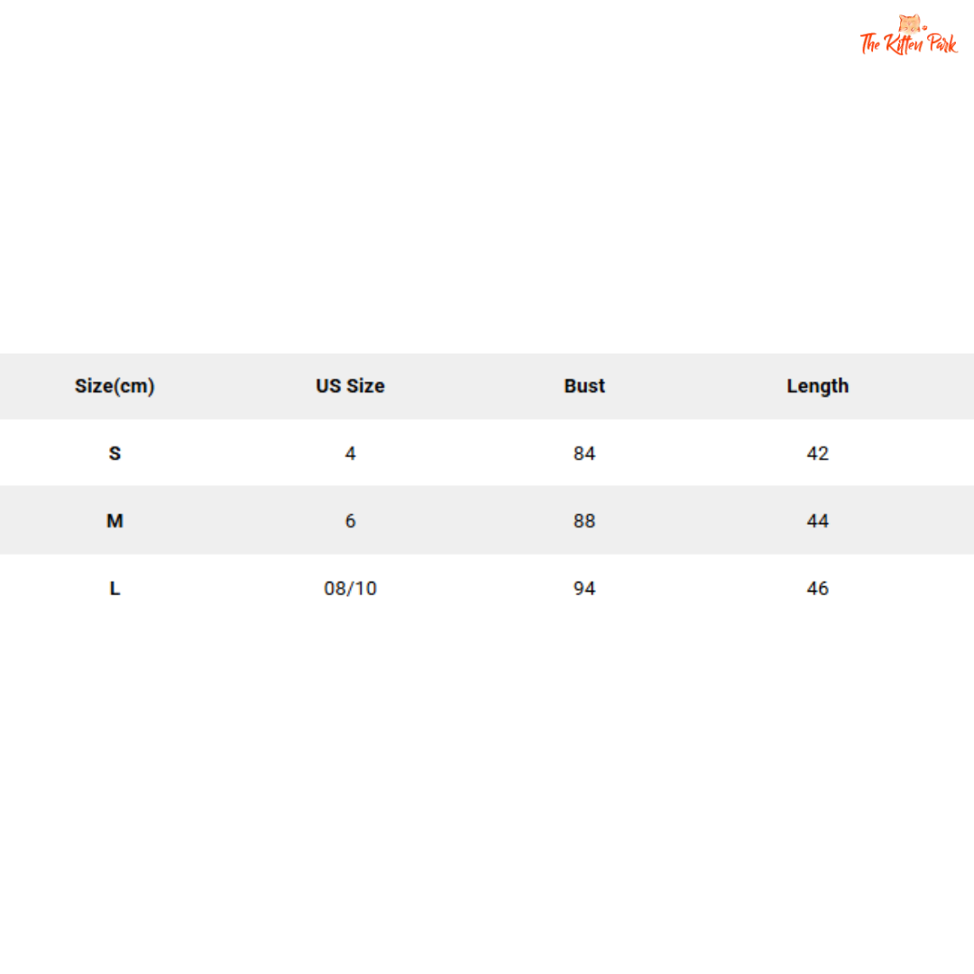 Size chart for clothing with measurements in centimeters and US sizes.