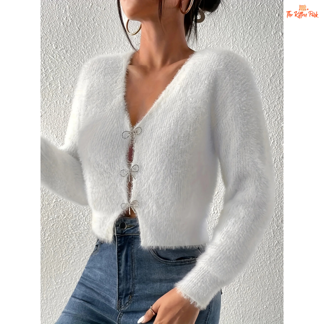 Women’s 2026 Bow Knitted Cardigan, slim-fit polyester sweater with bow decoration, casual yet elegant fashion top for all seasons.
