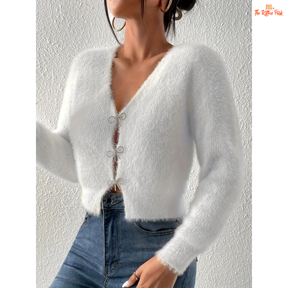 Women’s 2026 Bow Knitted Cardigan, slim-fit polyester sweater with bow decoration, casual yet elegant fashion top for all seasons.