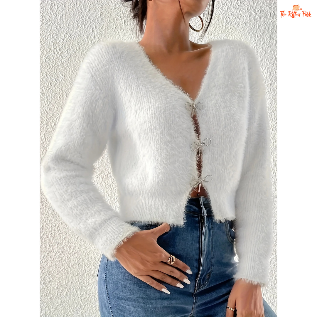 Women’s 2026 Bow Knitted Cardigan, slim-fit polyester sweater with bow decoration, casual yet elegant fashion top for all seasons.