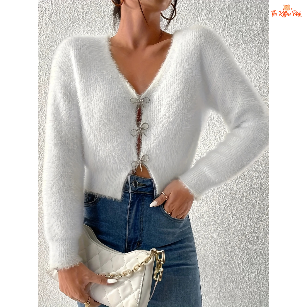 Women’s 2026 Bow Knitted Cardigan, slim-fit polyester sweater with bow decoration, casual yet elegant fashion top for all seasons.