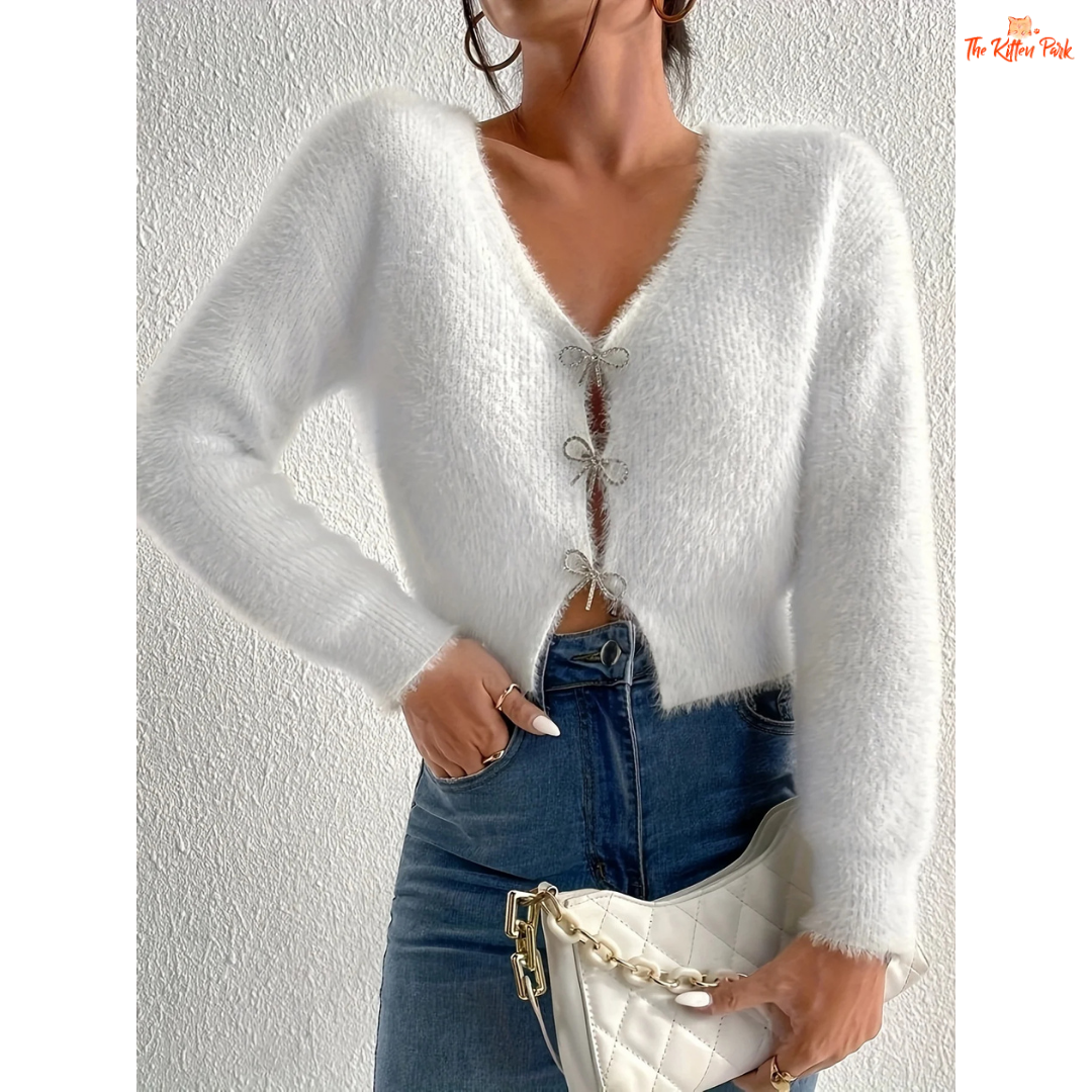 Women’s 2026 Bow Knitted Cardigan, slim-fit polyester sweater with bow decoration, casual yet elegant fashion top for all seasons.
