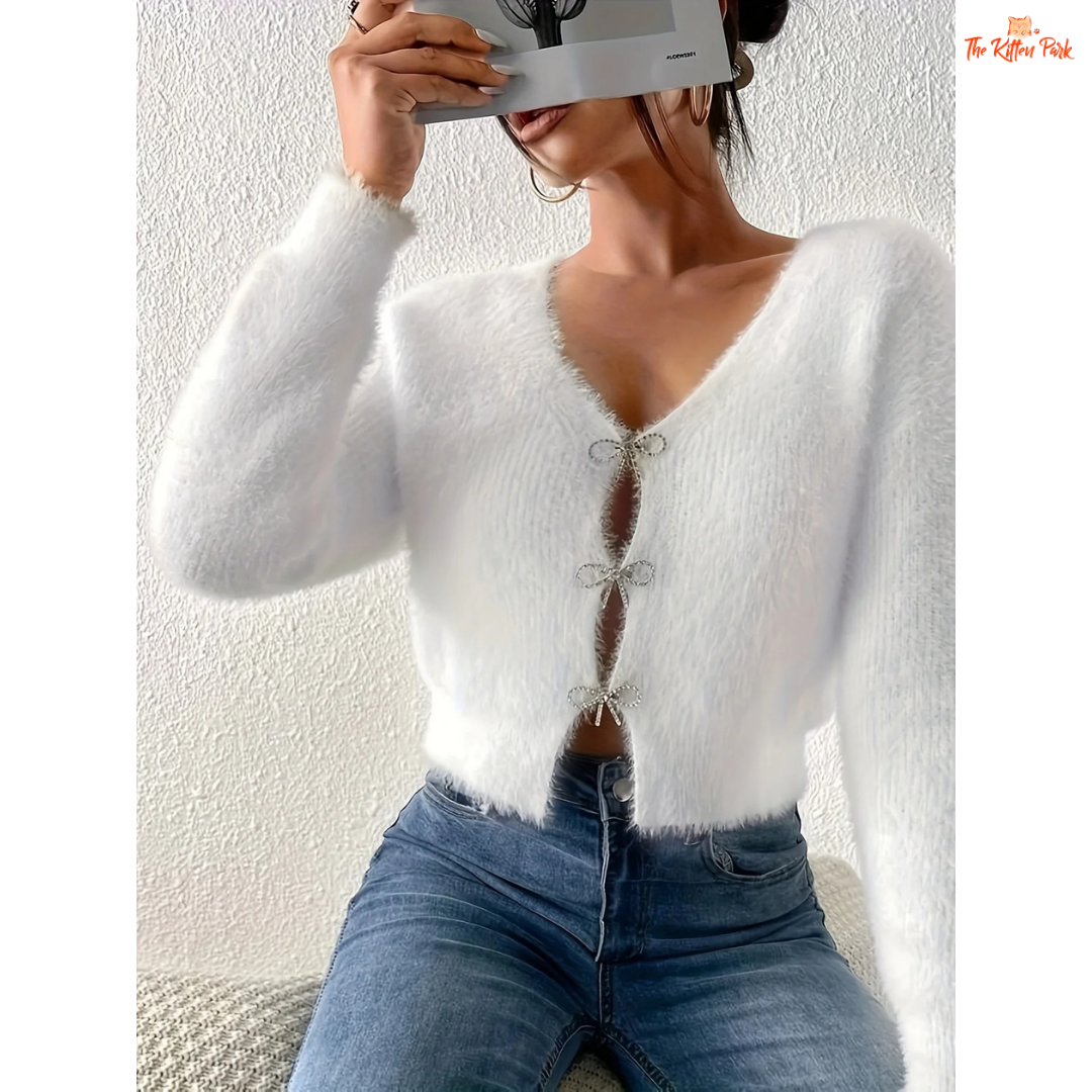 Women’s 2026 Bow Knitted Cardigan, slim-fit polyester sweater with bow decoration, casual yet elegant fashion top for all seasons.