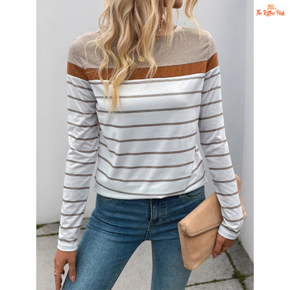 A women’s 3D stripe color block T-shirt with long sleeves, O-neck, and a loose casual fit for spring and autumn wear.