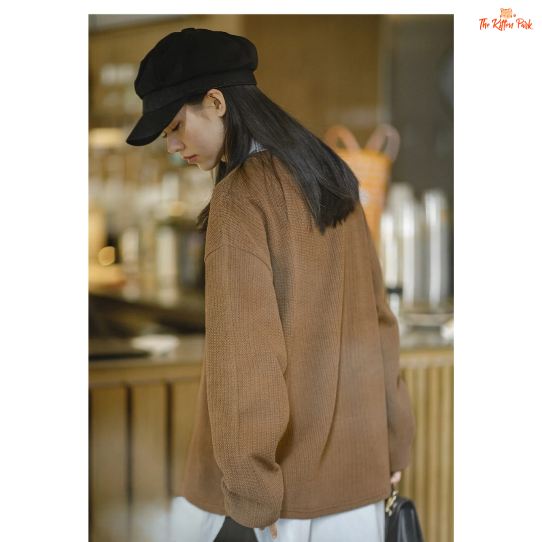 Women's Academy Style Knitted Sweatshirt, autumn crew neck pullover in a cotton-blend fabric with a loose casual fit.