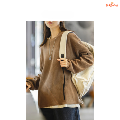 Women's Academy Style Knitted Sweatshirt, autumn crew neck pullover in a cotton-blend fabric with a loose casual fit.