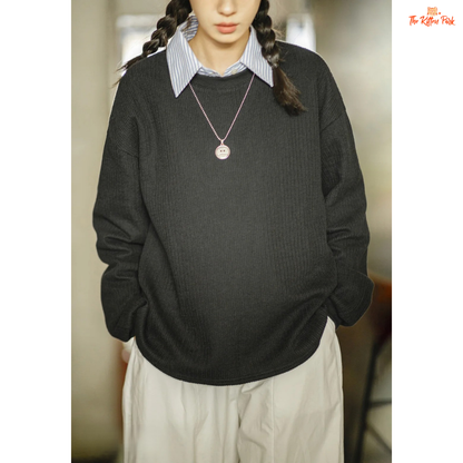 Women's Academy Style Knitted Sweatshirt, autumn crew neck pullover in a cotton-blend fabric with a loose casual fit.