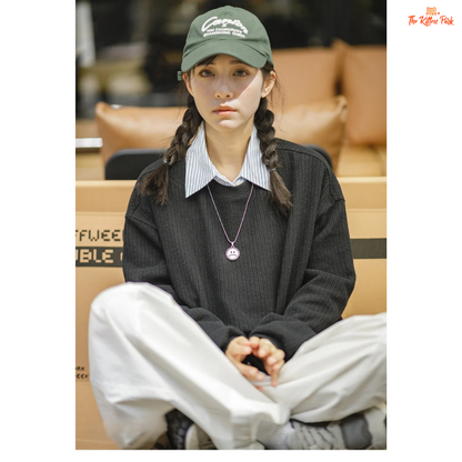 Women's Academy Style Knitted Sweatshirt, autumn crew neck pullover in a cotton-blend fabric with a loose casual fit.