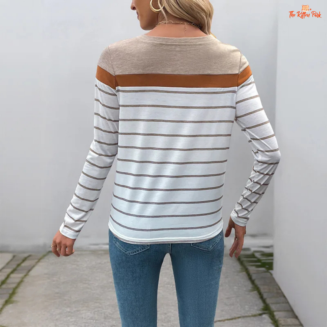 Women’s Casual Striped Round Neck Long Sleeve T-Shirt with lightweight knit fabric and classic stripe design for a relaxed summer look.