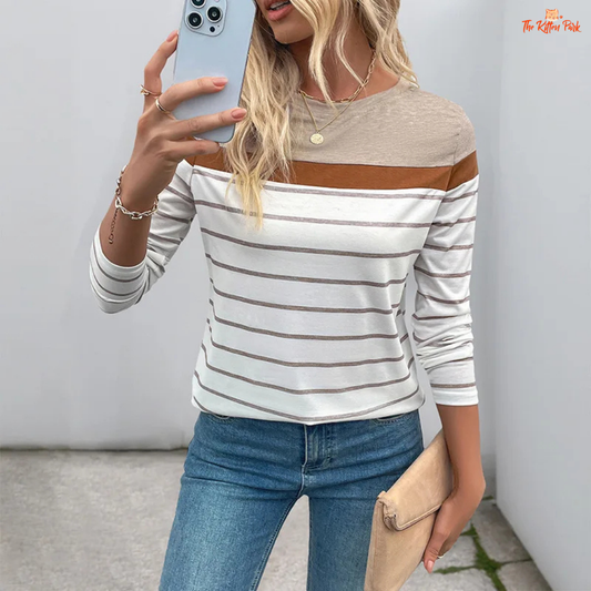 Women’s Casual Striped Round Neck Long Sleeve T-Shirt with lightweight knit fabric and classic stripe design for a relaxed summer look.