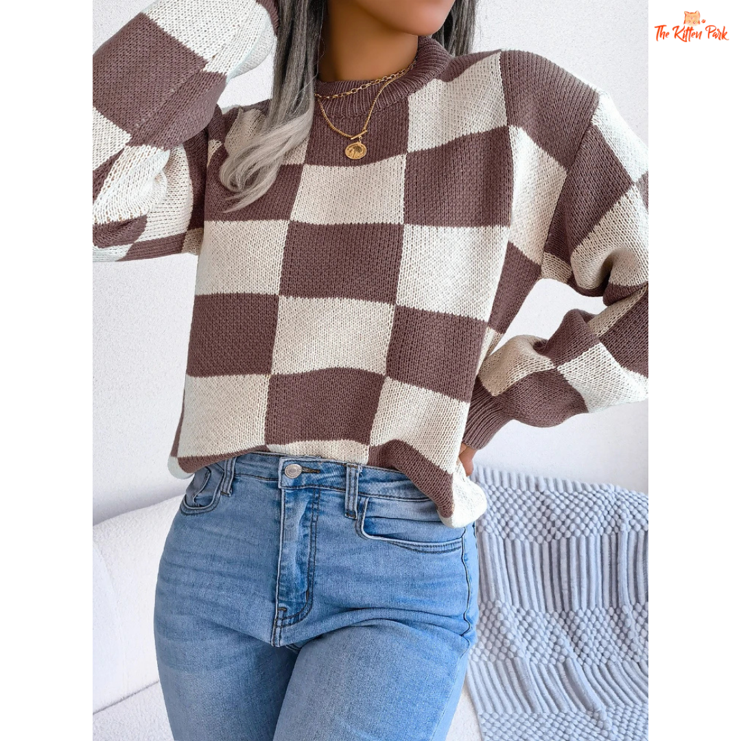 Women's Contrast Plaid Knit Pullover Sweater featuring khaki and burgundy plaid pattern, loose fit, and cozy autumn knit design.