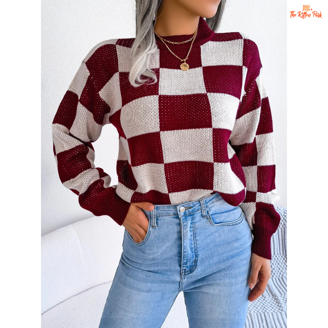 Women's Contrast Plaid Knit Pullover Sweater featuring khaki and burgundy plaid pattern, loose fit, and cozy autumn knit design.