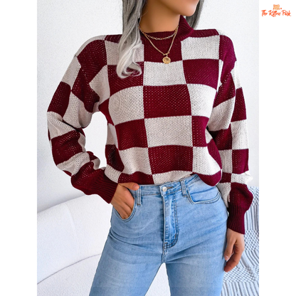 Women's Contrast Plaid Knit Pullover Sweater featuring khaki and burgundy plaid pattern, loose fit, and cozy autumn knit design.