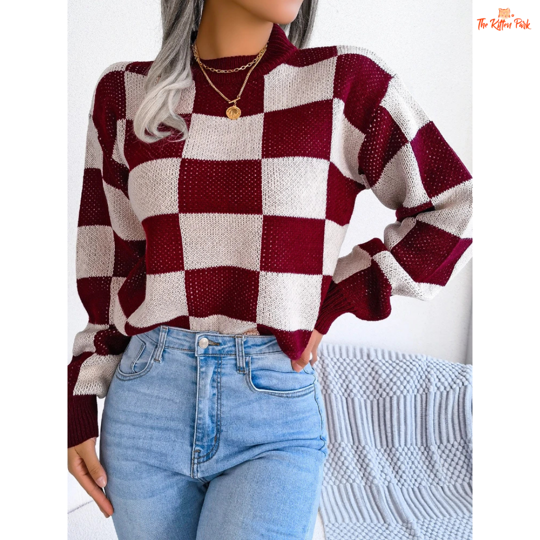 Women's Contrast Plaid Knit Pullover Sweater featuring khaki and burgundy plaid pattern, loose fit, and cozy autumn knit design.