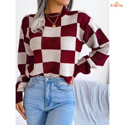 Women's Contrast Plaid Knit Pullover Sweater featuring khaki and burgundy plaid pattern, loose fit, and cozy autumn knit design.