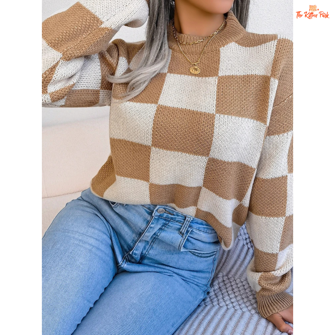 Women's Contrast Plaid Knit Pullover Sweater featuring khaki and burgundy plaid pattern, loose fit, and cozy autumn knit design.