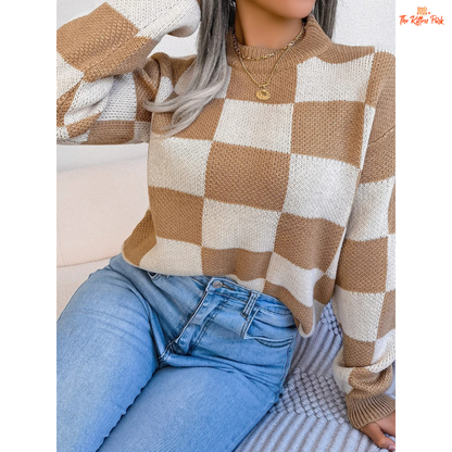 Women's Contrast Plaid Knit Pullover Sweater featuring khaki and burgundy plaid pattern, loose fit, and cozy autumn knit design.